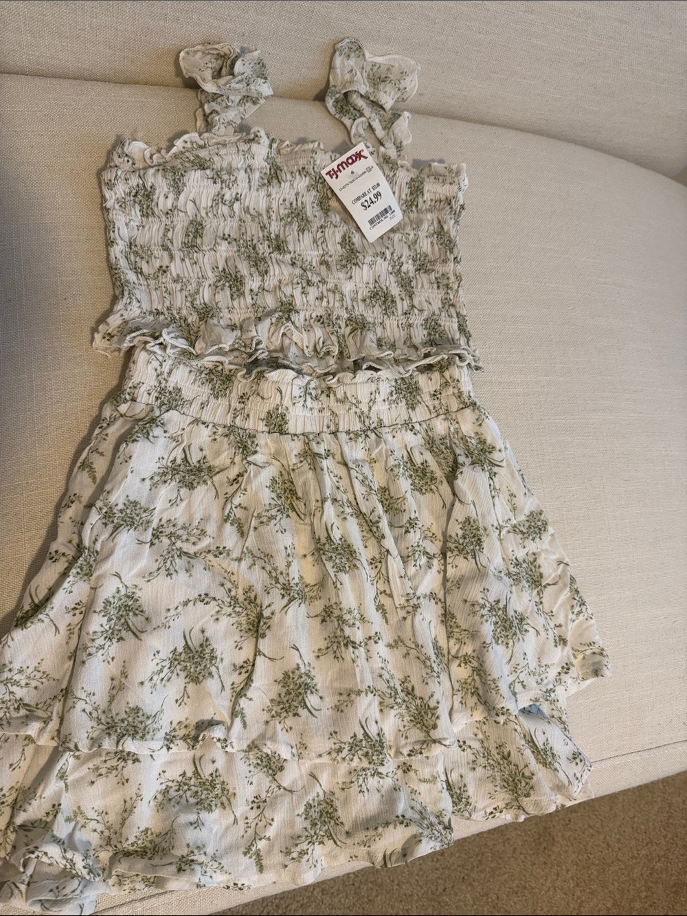 T.J.Maxx Cream and Green Floral Smocked Sundress